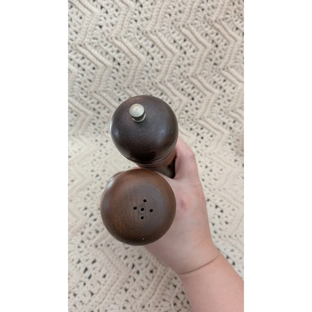 Vintage MCM Wooden Salt & Pepper Mill Set Dark Brown Tall Turned Wood 10.5 Inch